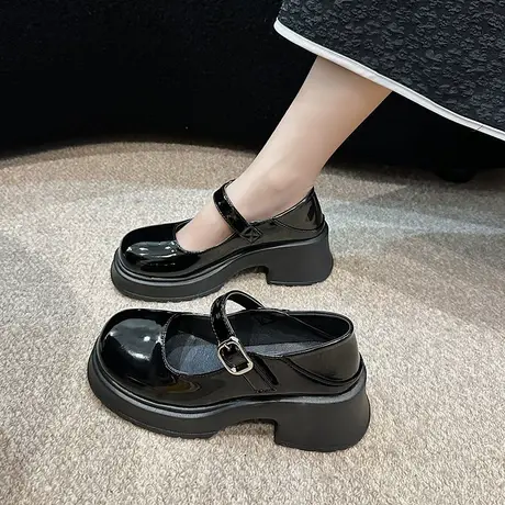 鞋子女夏季爆款2023新款配裙子粗跟高跟法式气质玛丽珍黑色小皮鞋商品大图