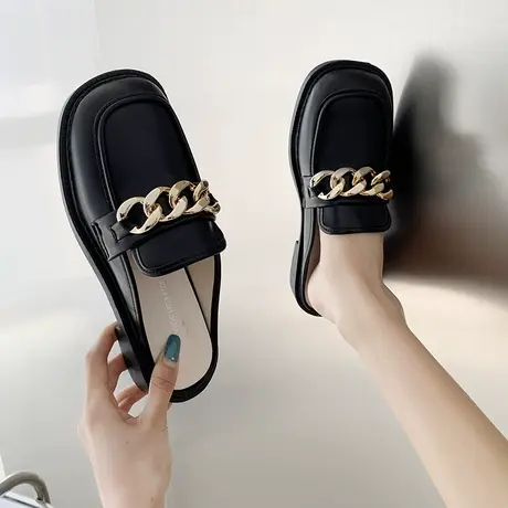 2023春秋新款链条凉拖低跟半拖鞋女夏外穿包头懒人一脚蹬穆勒单鞋商品大图