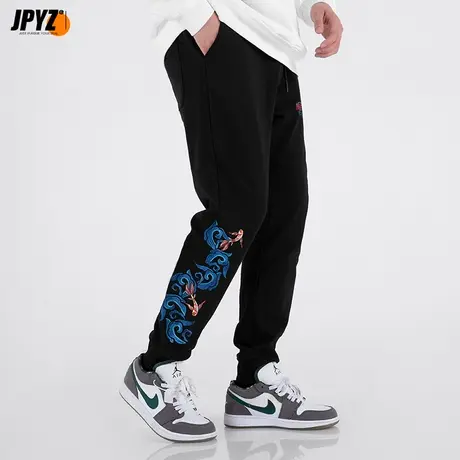 运动裤加绒卫裤男裤子秋冬款加厚纯棉宽松休闲黑色刺绣束脚长裤商品大图