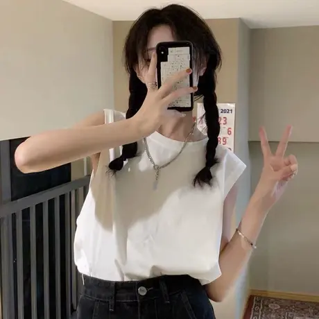 美式复古纯棉吊带运动背心无袖t恤女夏季设计感小众外穿宽松上衣商品大图