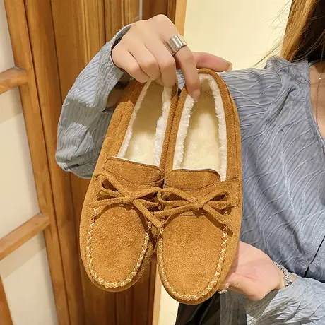 平底豆豆鞋女加绒保暖棉鞋舒适孕妇踩屎感秋冬牛筋软底懒人妈妈鞋图片