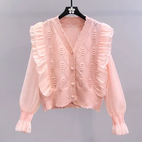 荷叶边拼接针织开衫女2023春季新款温柔风显瘦设计感洋气百搭上衣图片