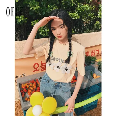 Oece短袖T恤女2023春夏新款女装设计感上衣春夏韩系小衫复古体恤商品大图