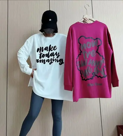 港味复古宽松休闲印花长袖T恤女秋季设计感下身失踪中长款上衣潮商品大图