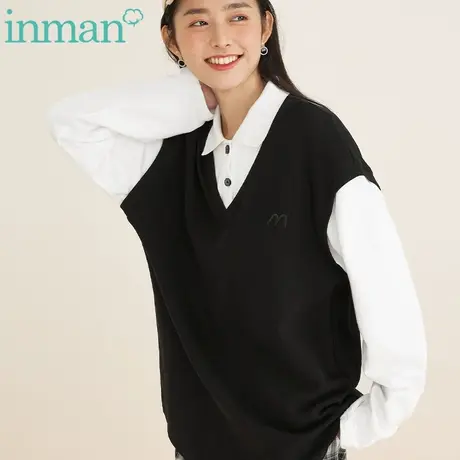 茵曼旗舰店女装2024春季新款套头polo领假两件套宽松卫衣上衣小众图片