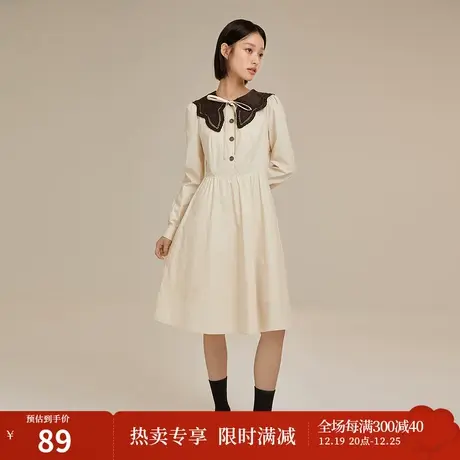 茵曼早秋装新款女镂空蕾丝花边翻领蝴蝶结长袖轻奢高定连衣裙图片