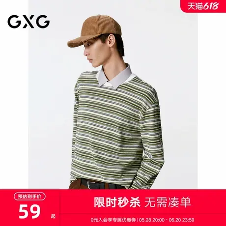 GXG男装 条纹肌理感简约质感圆领长袖T恤24年秋季新品G24X343007商品大图