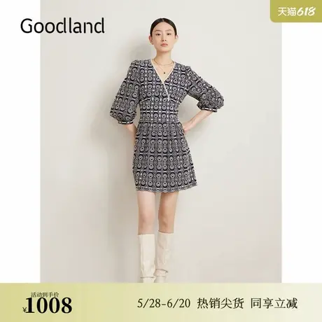 Goodland美地春季法式优雅镂空刺绣V领泡泡袖连衣裙图片