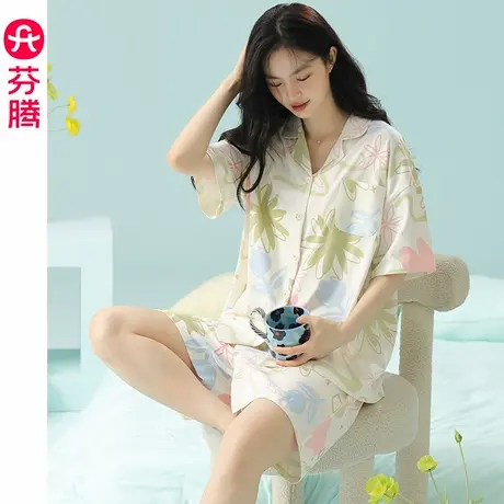 芬腾睡衣女夏季纯棉短袖薄款套装女款甜美休闲凉感大码外穿家居服商品大图