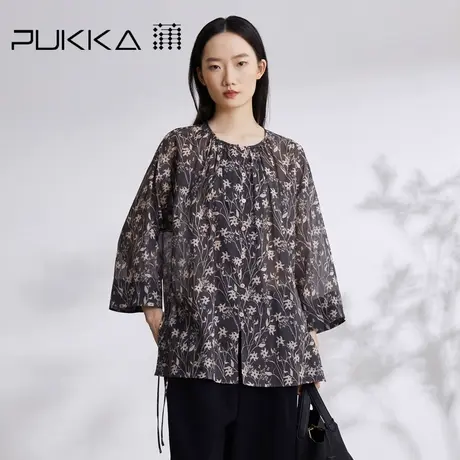蒲PUKKA 文艺复古2023夏新纯棉印花新中式宽松圆领上衣七分袖衬衫图片