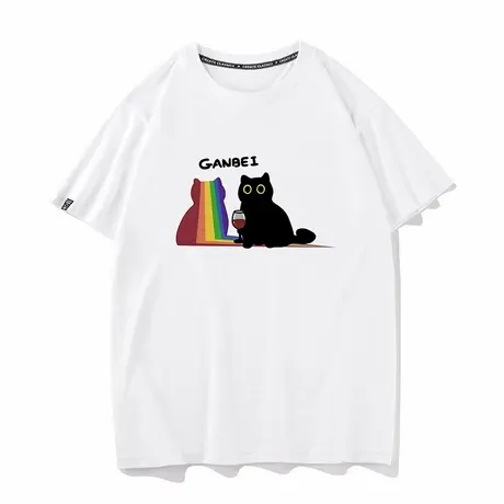 秀洛小黑猫彩虹影子喝红酒干杯创意趣味短袖T恤男情侣装衣服半袖商品大图
