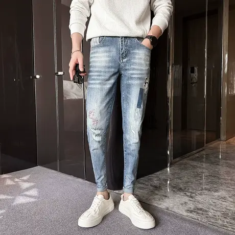 2023秋款破洞补丁高街潮牌男裤个性修身休闲男生长裤蓝色铅笔小脚图片