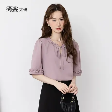 绮娑大码女装夏新款气质甜美宽松直筒遮肉显瘦胖MM百搭上衣女小衫商品大图