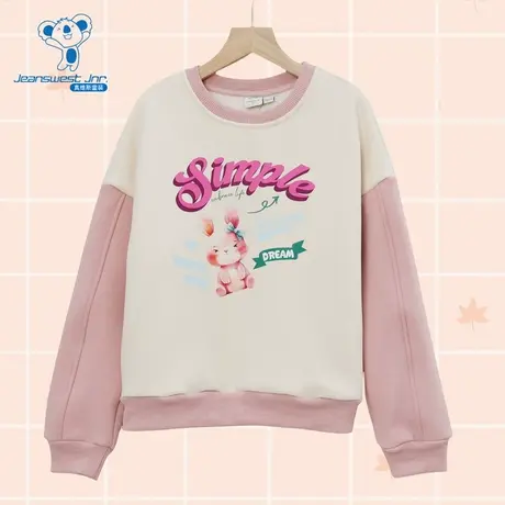 JJ真维斯女童卫衣2024冬季新款童装摇粒绒底印花套头撞色长袖上衣商品大图