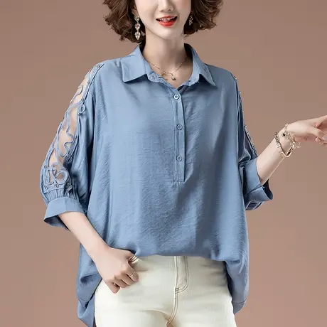 休闲衬衫女夏季宽松加肥加大码女装中长款纯棉蕾丝拼接短袖衬衣女商品大图