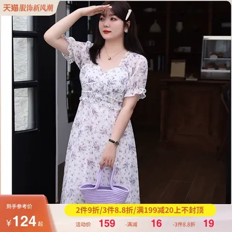 2023年夏装新款法式气质收腰显瘦大码妹妹胖mm雪纺连衣裙碎花长裙商品大图