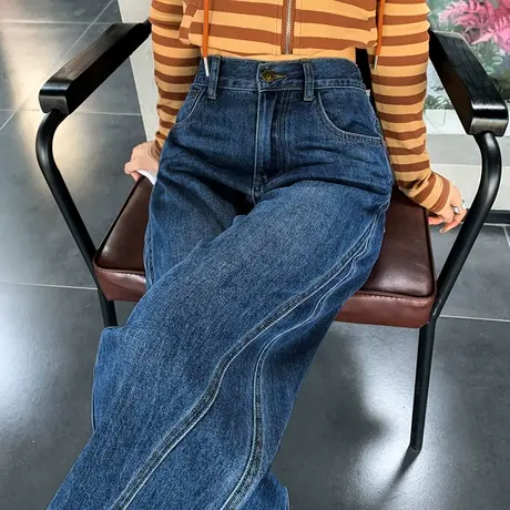 蓝色牛仔裤女秋冬直筒阔腿裤窄版弯刀香蕉裤商品大图