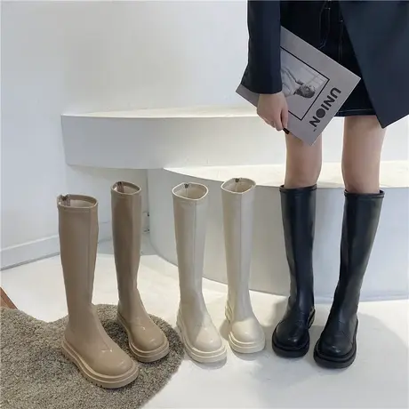 白色长筒靴女骑士靴2023秋冬新款小个子加绒长靴厚底粗腿高筒靴子商品大图