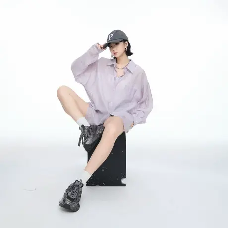 美式高街纯色物理防晒衬衫女春秋新款宽松轻薄空调衫微透外套上衣图片