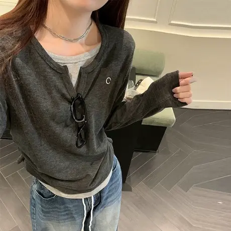 拼接撞色设计感小众长袖T恤女春秋修身韩版打底衫内搭假两件上衣图片