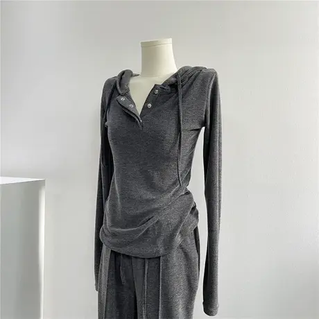 针织连帽薄款卫衣休闲运动套装女春秋季新款开衩阔腿拖地裤两件套商品大图