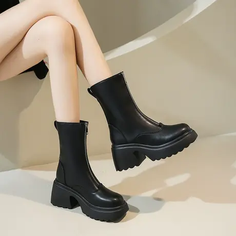 高跟短靴女粗跟2023新款时装瘦瘦靴秋冬季加绒马丁靴子女增高厚底图片