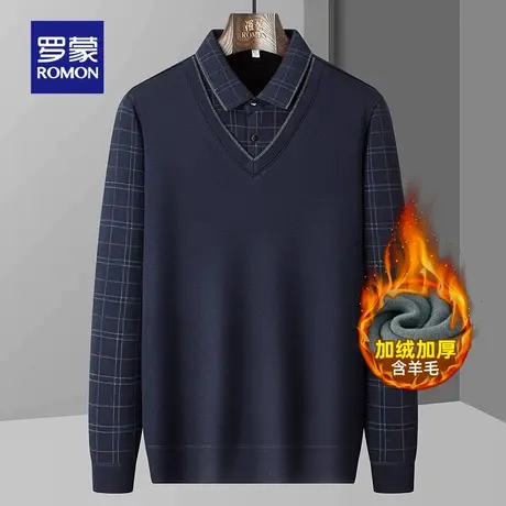 【含羊毛】罗蒙男士加绒保暖针织假两件2025冬季新款毛线衣爸爸装图片