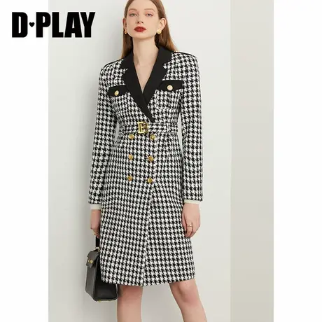 DPLAY【黑标】冬新法式复古黑白千鸟格翻驳领撞色粗花呢外套商品大图