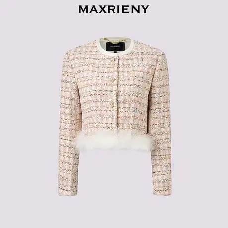 【奥莱】MAXRIENY粉色粗花呢上衣拼接毛边设计名媛小香风外套商品大图