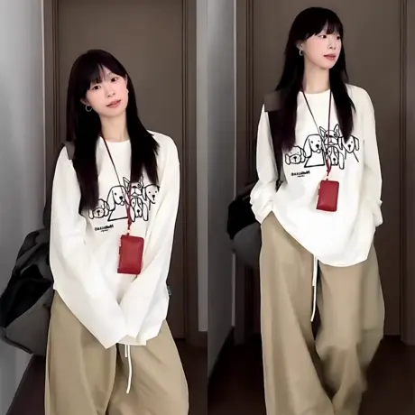 美式复古涂鸦小狗长袖T恤女超好看情侣打底衫chic别致白色上衣ins商品大图