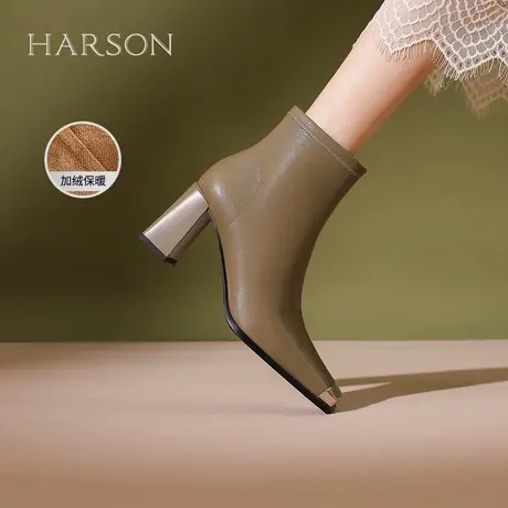 哈森电镀方头粗跟时装靴女短筒秋季单靴拼接通勤短靴HWA230127图片