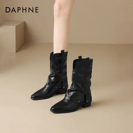 达芙妮尖头短靴女堆堆靴2026新款春中筒骑士马丁靴裤管靴高跟皮鞋商品大图