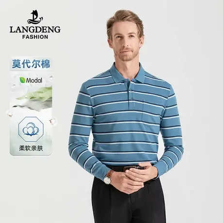浪登2023秋冬男士条纹长袖T恤亲肤舒适撞色时尚打底POLO衫上衣男商品大图