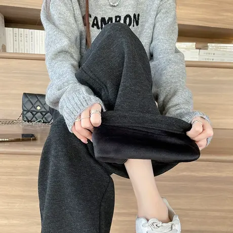 加绒毛呢阔腿裤女冬季新款高腰垂感休闲直筒宽松羊绒加厚运动卫裤图片