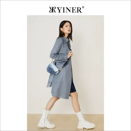 颜色错误-YINER音儿2022春新款中长款菱格印花西装领风衣商品大图