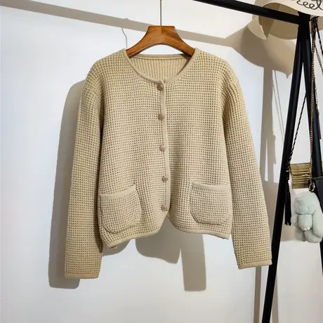 小清新针织开衫女秋冬2023新款韩版宽松圆领纯色气质百搭毛衣外套商品大图