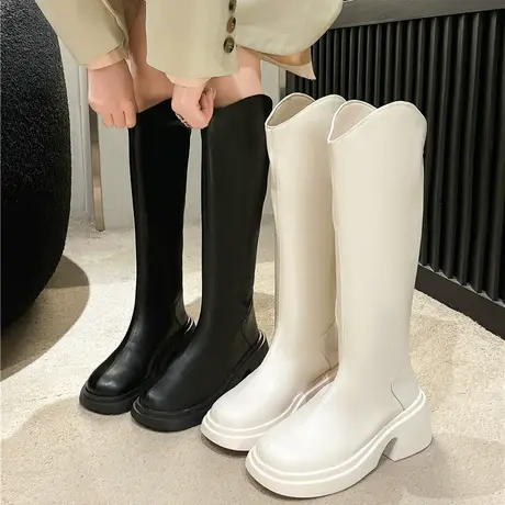 厚底长筒靴女2023年春秋季新款高级气质法式瘦瘦靴粗跟高跟骑士靴商品大图