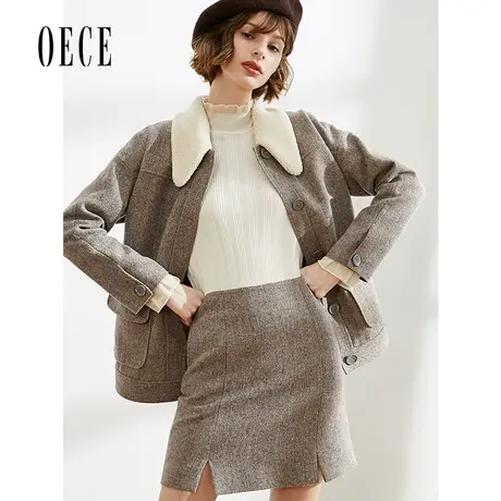 【买1送1】Oece秋冬新款 洋气好搭复古风优雅修身高腰A字毛呢短裙图片