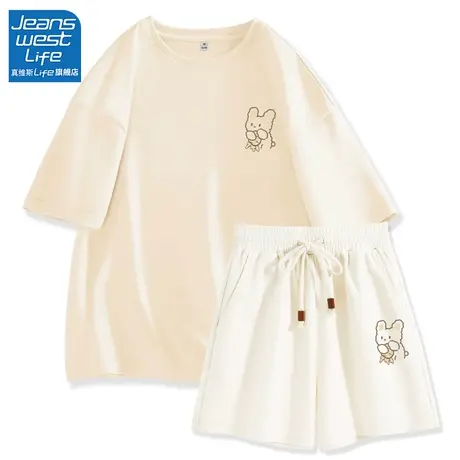 真维斯LIFE运动套装女夏季短裤2023新款纯棉短袖t恤女休闲两件套商品大图