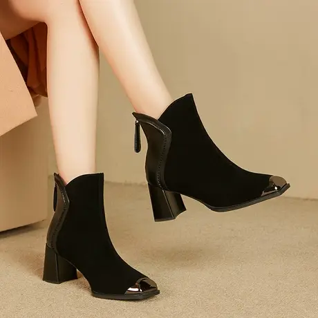 加绒时尚女靴简约百搭2023秋冬金属防踢舒适时装靴拼接真皮方头靴商品大图