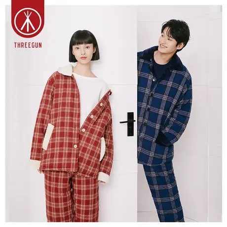 三枪家居服情侣棉质格纹厚款年秋冬新品加绒加厚棉质开襟男女睡衣商品大图
