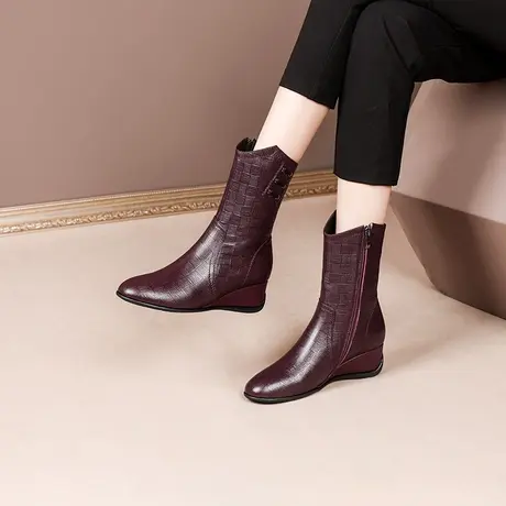 坡跟短靴女真皮靴子圆头粗跟秋冬季女式靴2023年新款加绒马丁靴女商品大图