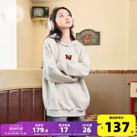yoe毛巾绣大口袋连帽卫衣女灰色美式复古宽松秋季新款上衣女装ins商品大图