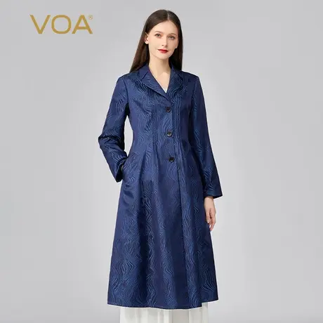 VOA新品真丝色织提花西装领三粒扣长袖蓝色中长款街头桑蚕丝外套图片