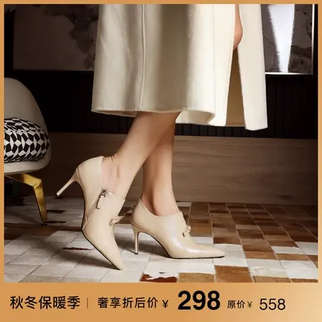 熙漫2023秋冬新款蝴蝶结性感及踝靴尖头职业气质百搭细高跟短靴女商品大图