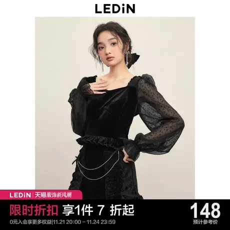 乐町精致蕾丝上衣2023秋季新款黑色雪纺衫宽松超仙设计感图片
