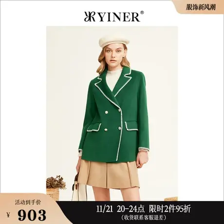 YINER音儿专选女装冬季纯绵羊毛双面呢大衣西装领休闲外套商品大图