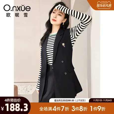 欧昵雪2024春秋新款时尚翻驳领马甲外套女无袖双排扣百搭黑色马夹图片