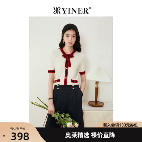 YINER音儿女装2022夏季新款撞色圆领蝴蝶结针织衫商品大图