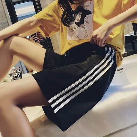 黑色运动短裤女夏宽松ins潮外穿跑步韩版休闲bf风中裤直筒五分裤图片